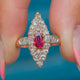 Antique 18ct Gold Ruby Diamond Navette Cluster Ring